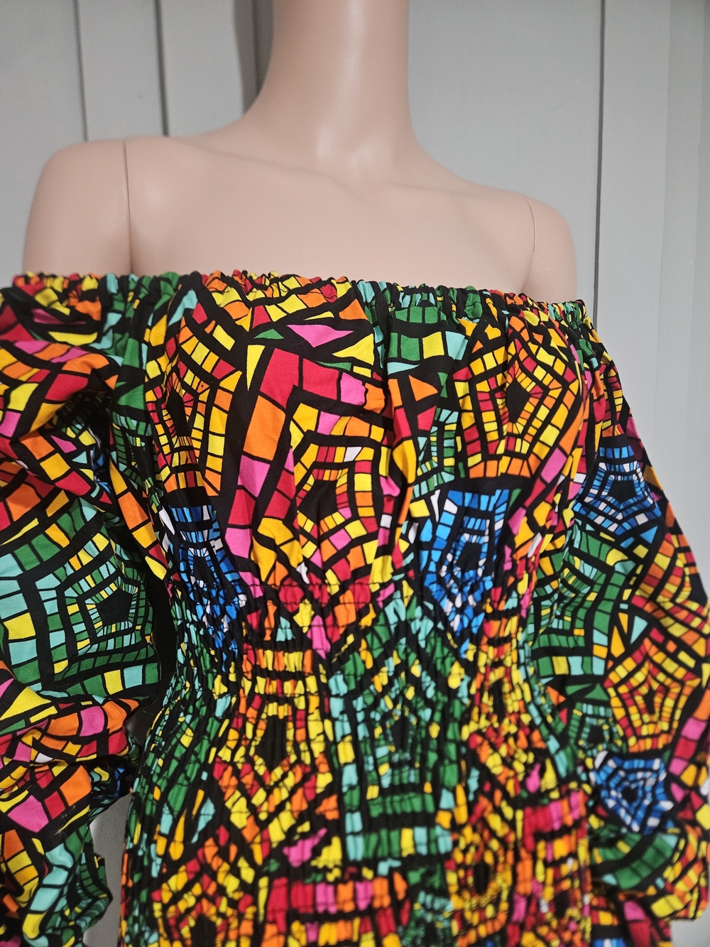 Awelana Tibori NWT Off Shoulder Smocked Mini Dress Colorful Mosaic Print - Picture 7 of 16